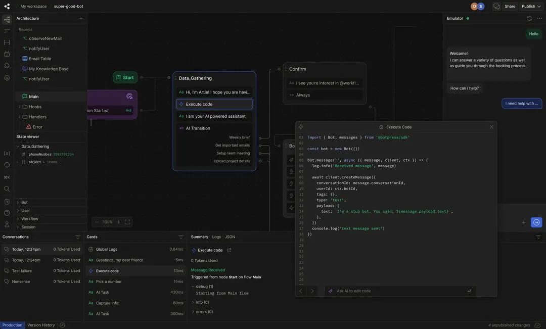 interface developpeur botpress